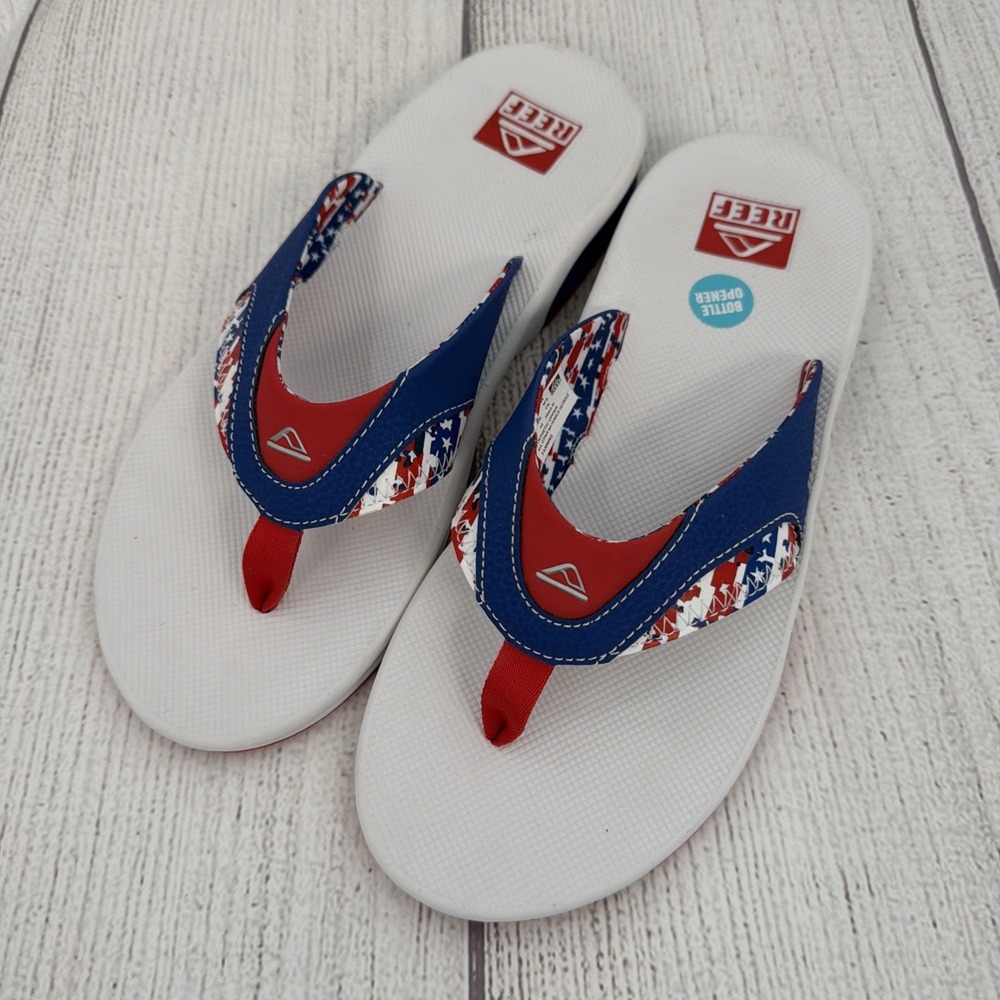Reef Fanning Flip Flop Mens 14 Red White Blue Patriotic USA Bottle Opener Sandal